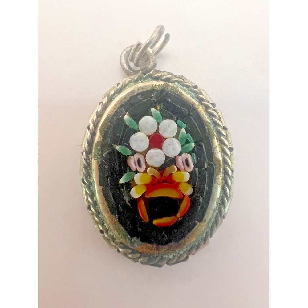 Vintage Italian Micro Mosaic Pendant Floral Black Silver Patina Tesserae Glass